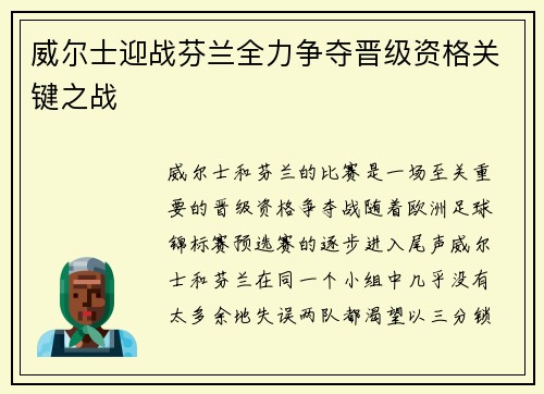 威尔士迎战芬兰全力争夺晋级资格关键之战