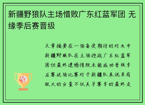 新疆野狼队主场惜败广东红蓝军团 无缘季后赛晋级